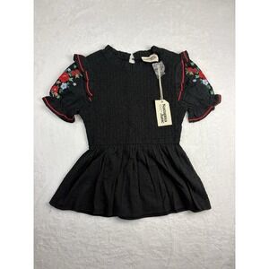 Savanna Jane black smocked blouse red blue floral embroidery Puff Sleeves